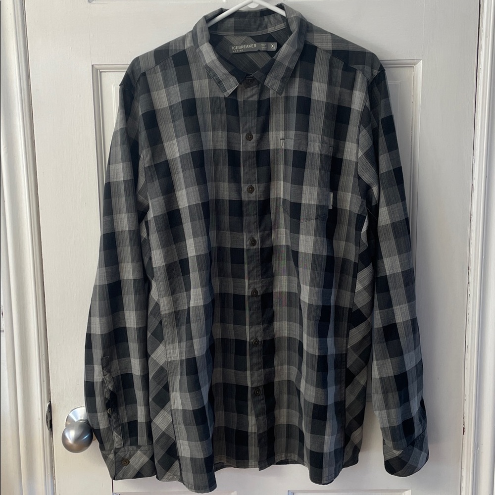 Icebreaker Departure II Merino Long Sleeve Shirt black grey plaid men’s size XL